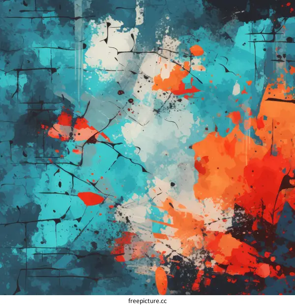 Abstract painting with bright blue, light blue, orange and white colors