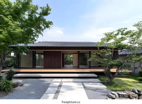 Modern Japanese Home with Wooden Deck and Gravel Garden