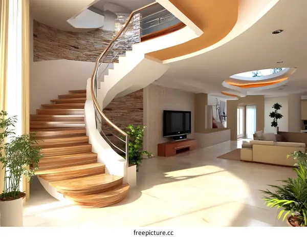 Modern Interior Design with Wooden Staircase and Curved Ceiling