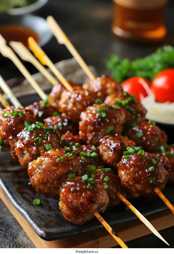 Delicious glazed meatballs on skewers