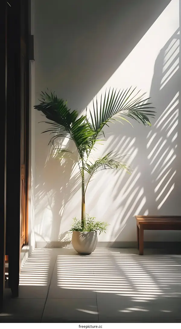 Sunlight Streaming Through a Window Onto a Palm Tree