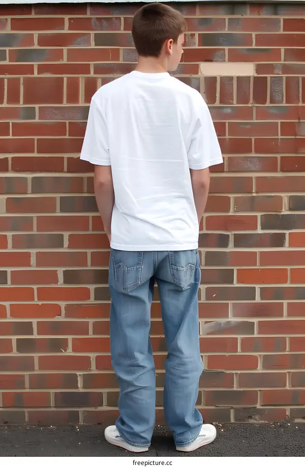 Teenage Boy Standing In Front Of Brick Wall