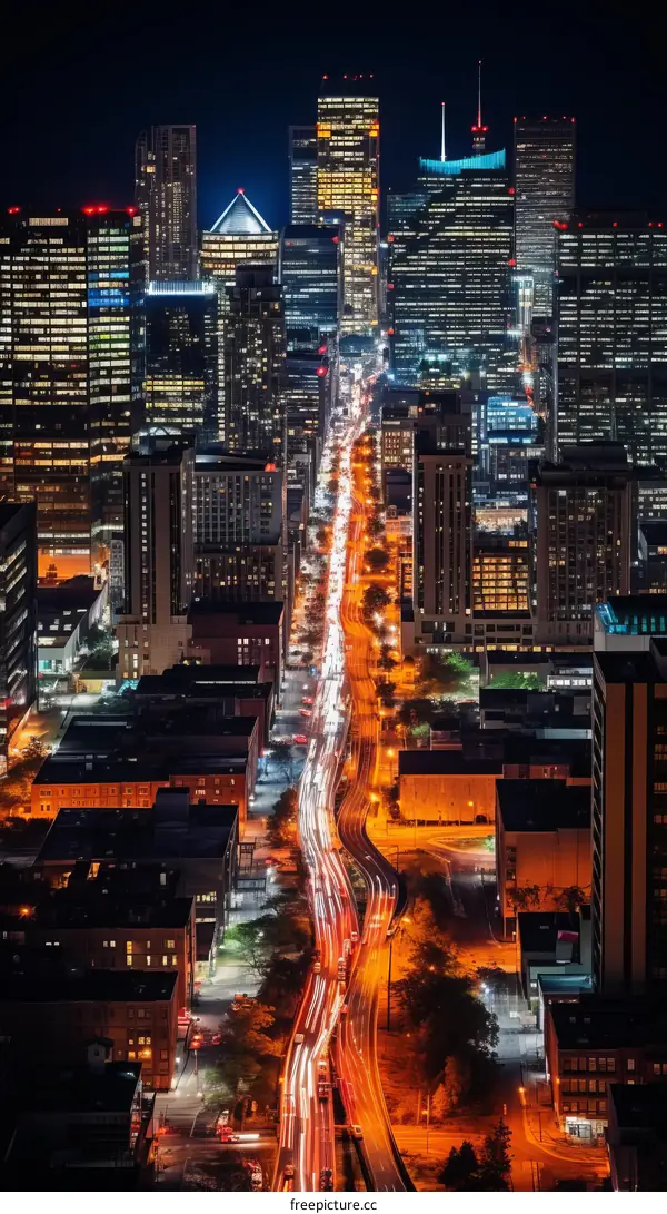 Night view of a city with a long road in the center