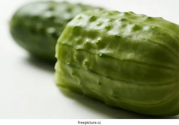 Fresh green cucumbers on white background with visible texture