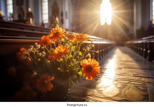 Sunlight shining through church window onto flowers