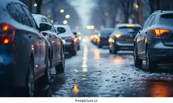Snowy Street with Parked Cars in the City