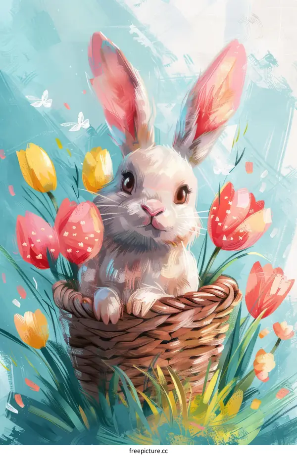 A cute little bunny is sitting in a basket filled with bright tulips.