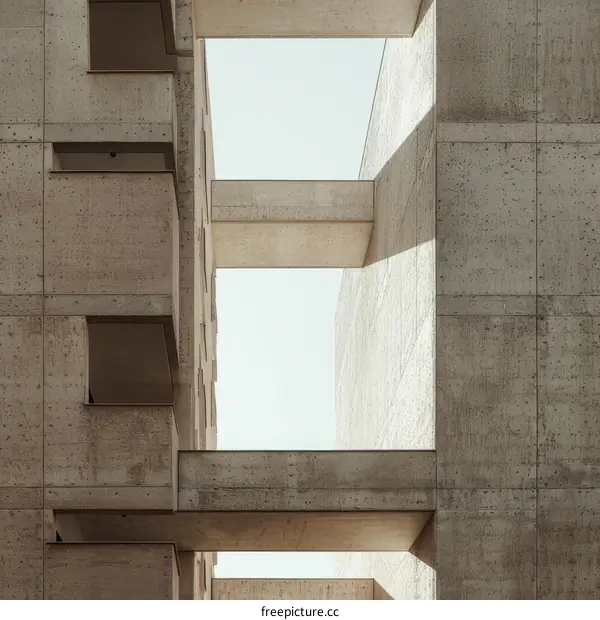 Urban brutalist concrete building with geometric shapes and patterns