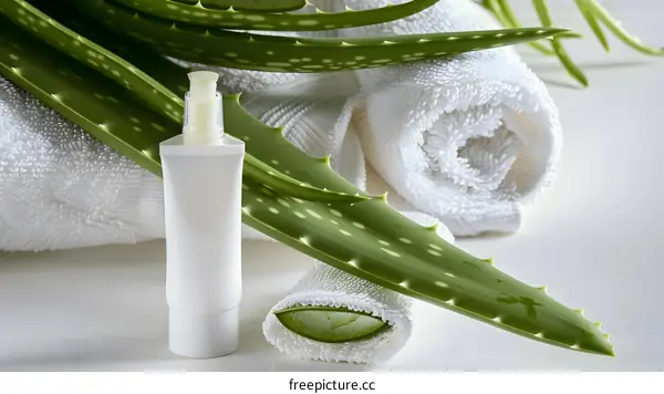 Aloe Vera Cream with White Towels and Green Leaves