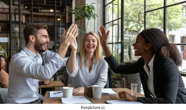 Team Celebrating Success in Modern Cafe