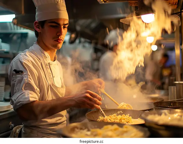 Young male chef sauteing pasta in a pan