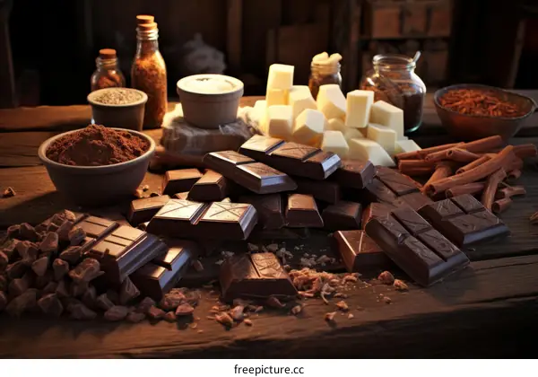 Chocolate Bars and Other Products on a Wooden Table