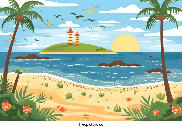 Tropical Beach with Palm Trees and Lighthouse