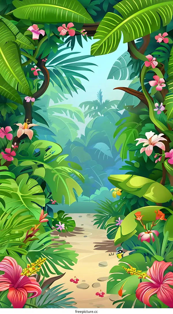 Tropical Rainforest Path with Lush Foliage and Colorful Flowers