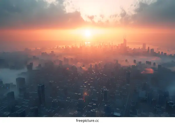 A beautiful sunset over a futuristic city.