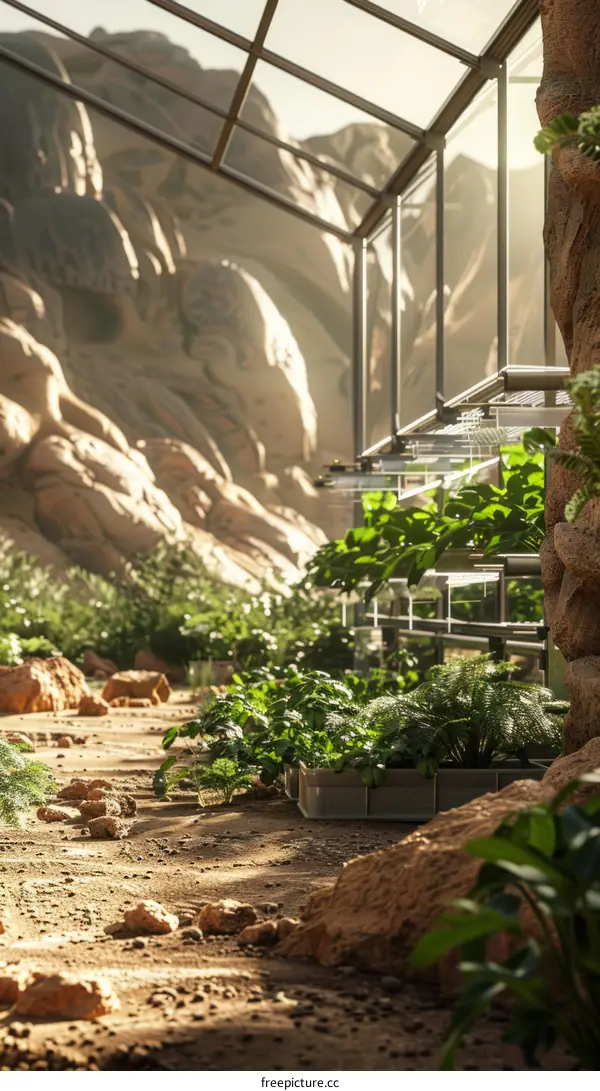 plants growing in a greenhouse on mars