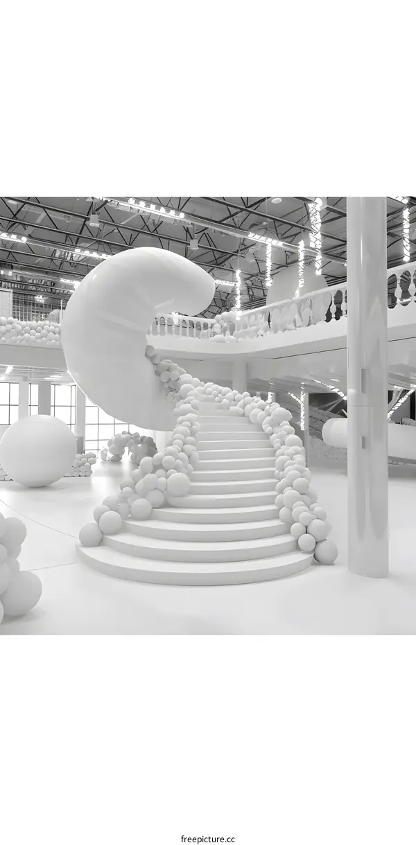 Modern White Staircase Decorated With White Spheres