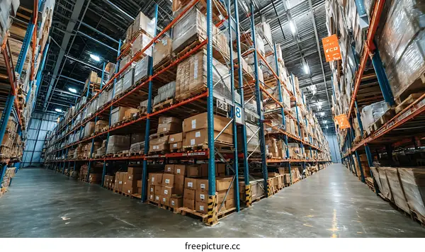 Wide Warehouse Storage Facility with High Shelves