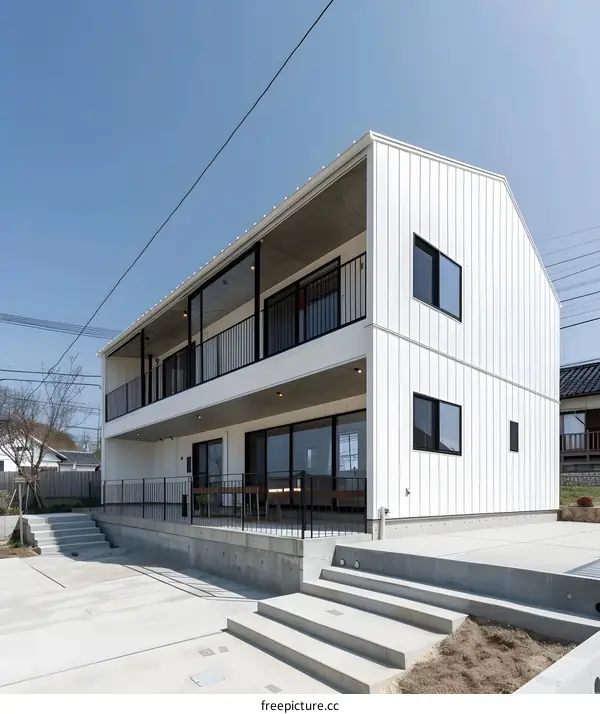 Modern White House With Black Railings And Concrete Steps