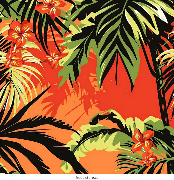 Tropical Leaves and Flowers Seamless Pattern