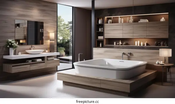 Luxury bathroom interior with bathtub and large windows