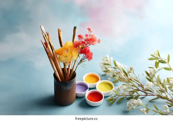 Colorful Paintbrushes and Flowers Still Life