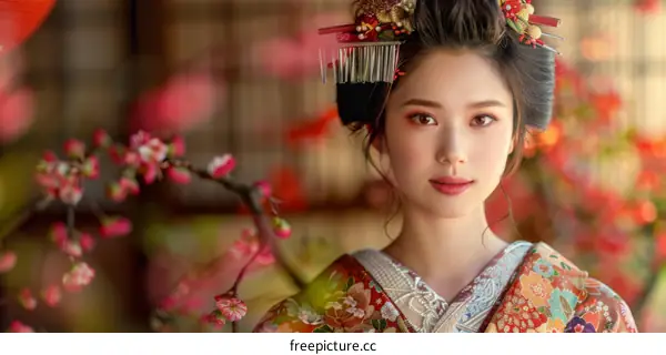 Portrait of a beautiful Japanese woman in traditional kimono with pink cherry blossoms