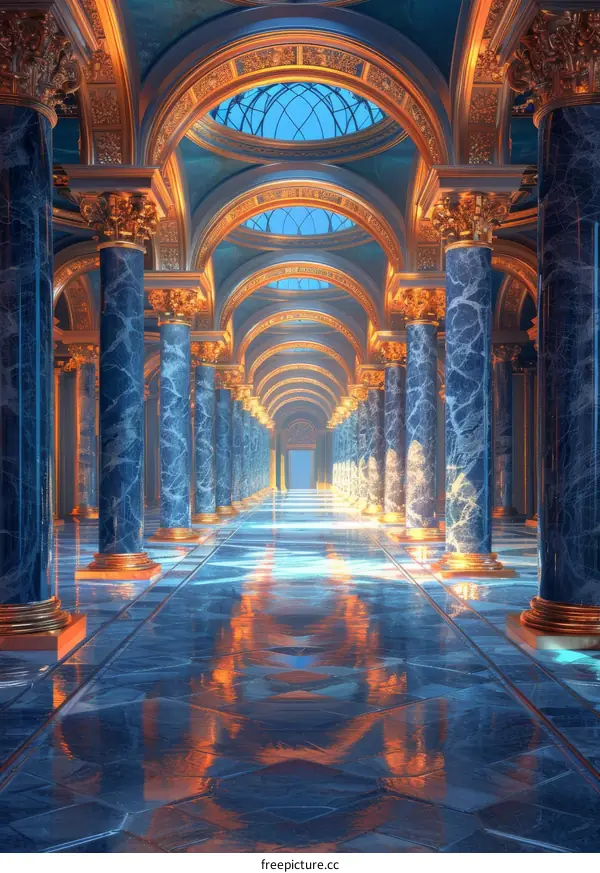 Blue and gold palace hallway