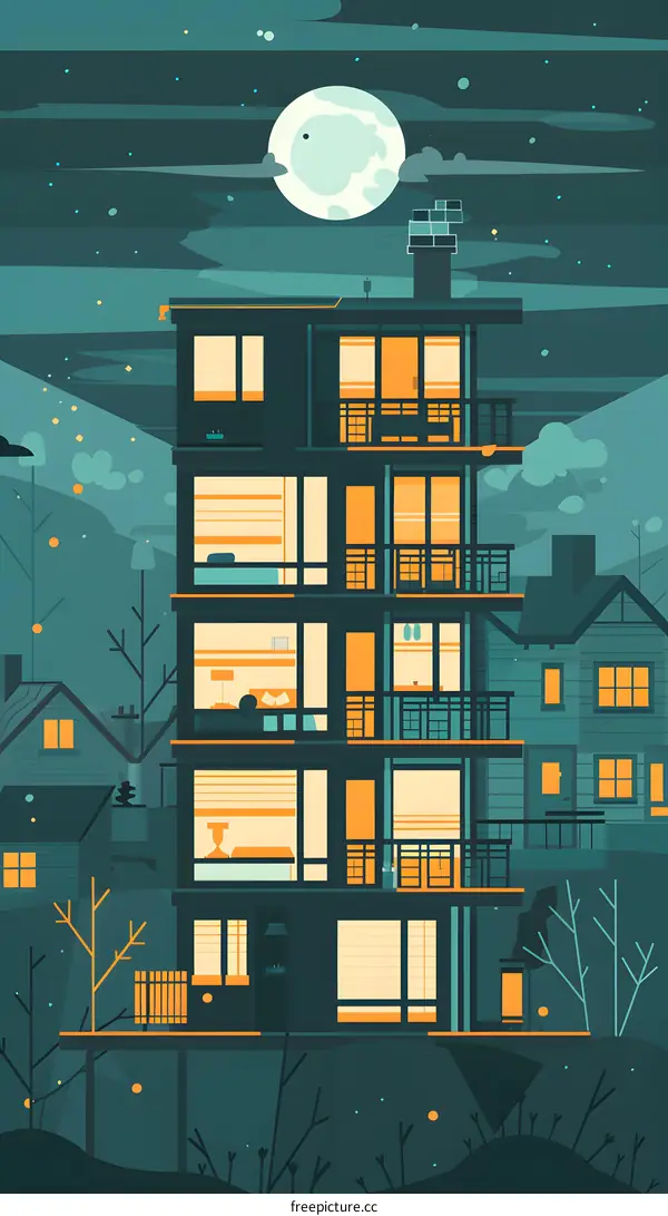 Nighttime View of Apartment Building With Moon