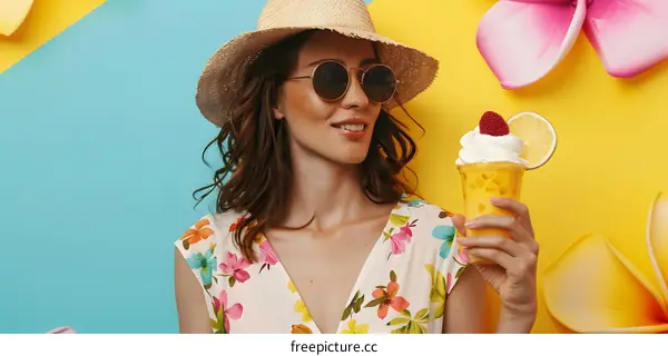 Woman Wearing a Straw Hat and Sunglasses Holding a Tropical Drink
