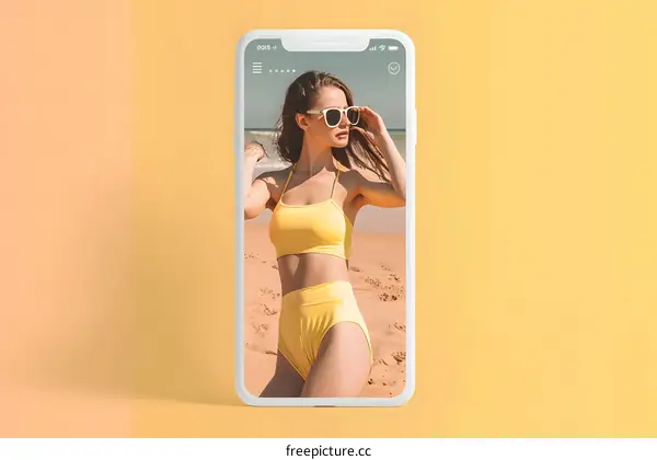 Woman in Yellow Bikini on Beach Seen on Phone Screen