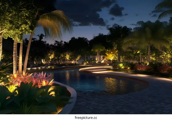 Night View of a Tropical Garden with Swimming Pool