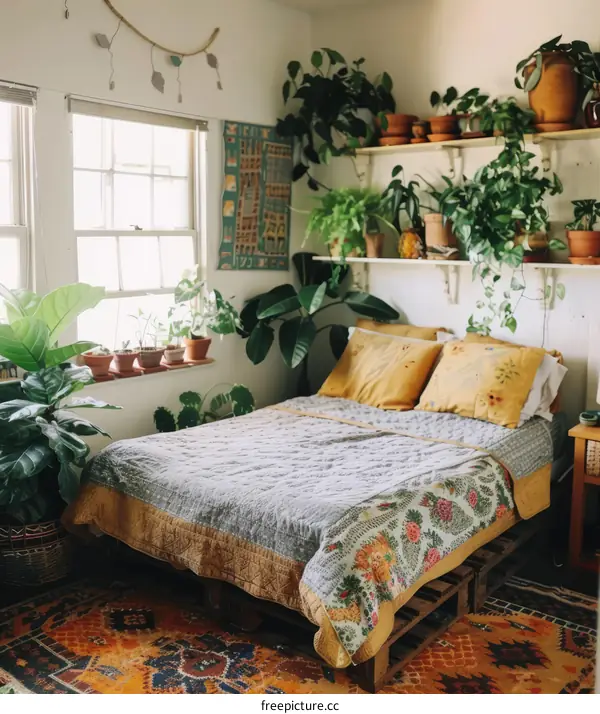 Cozy Bedroom with Lush Greenery