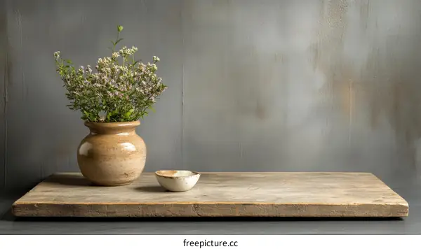 Rustic Vase with Flowers on Wooden Tabletop