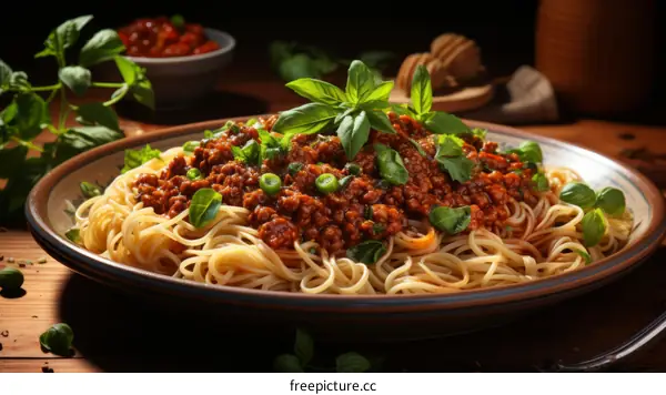 A plate of delicious spaghetti with minced meat and basil