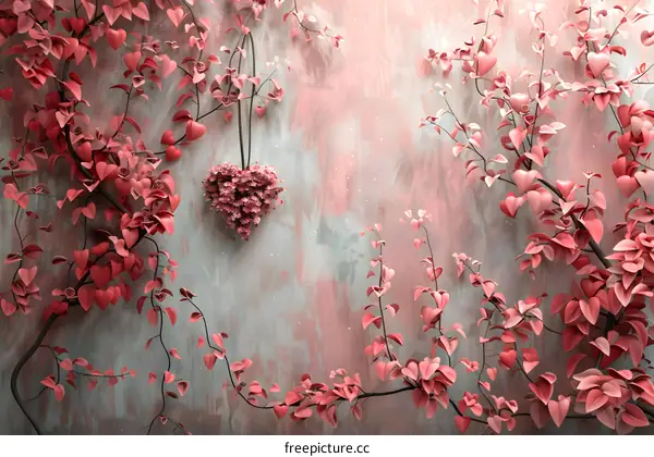 Pink heart-shaped flowers and leaves background