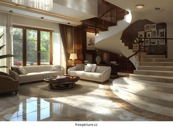 Modern living room with spiral staircase and floor-to-ceiling windows