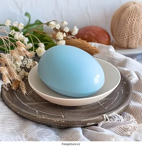 Blue Egg on a Wooden Tray with White and Brown Decorations