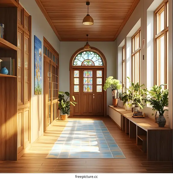 Wooden Hallway With Stained Glass Door and Plants