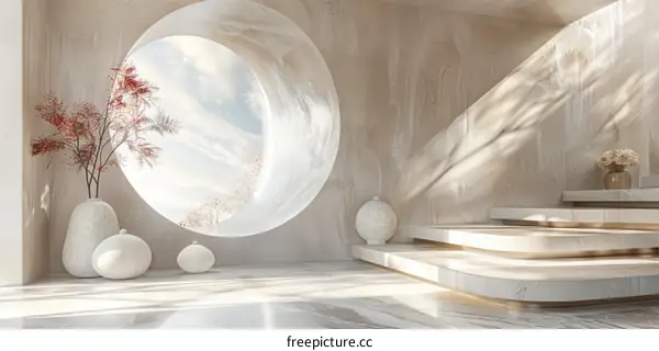 Soft Natural Light and Room with Staircase and Round Window