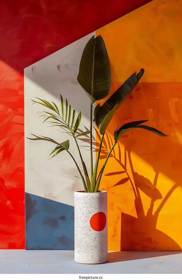 Plant in a White Pot with Red Dot on Colorful Background