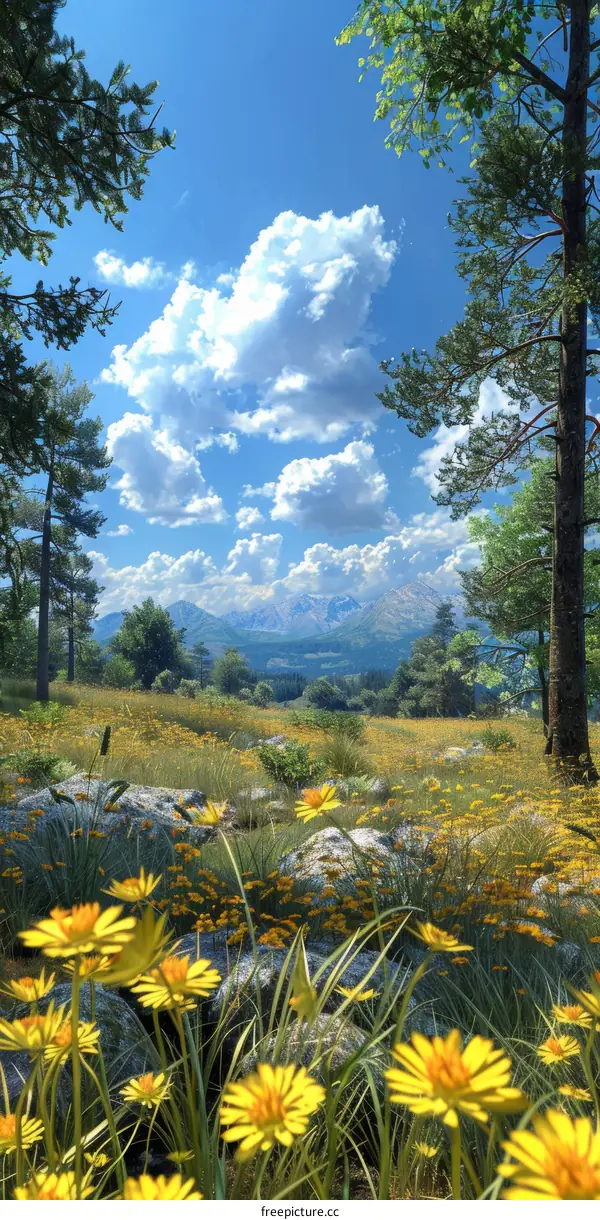 Golden Flower Field Under a Blue Sky