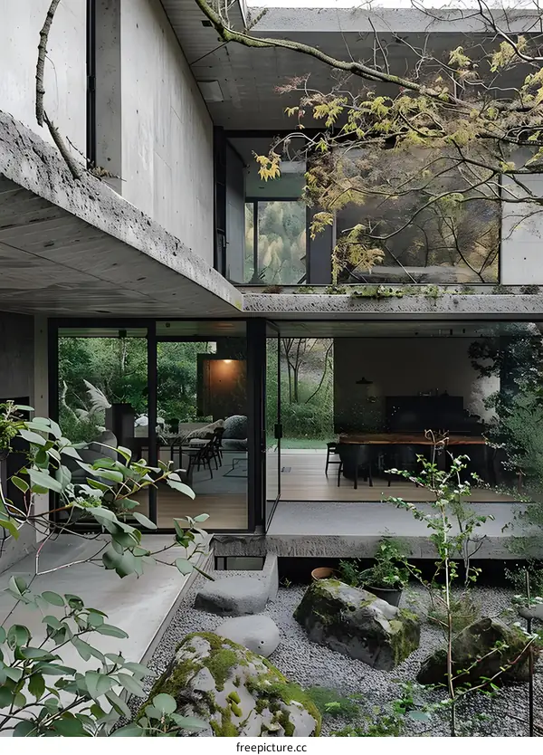 Modern Concrete House with Glass Walls and a Zen Garden