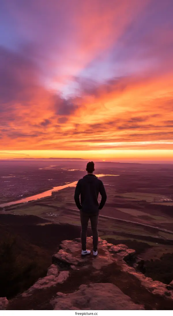 Man standing on a cliff watching the sunset
