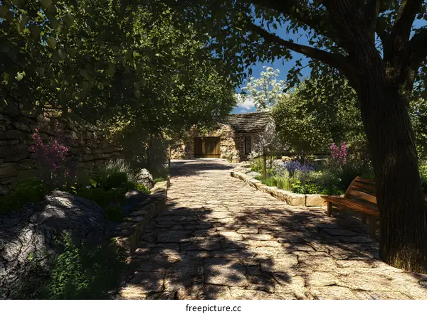 Stone Path Leading to Cottage in a Lush Garden