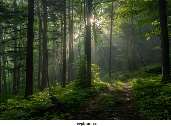 The sun shines through the forest