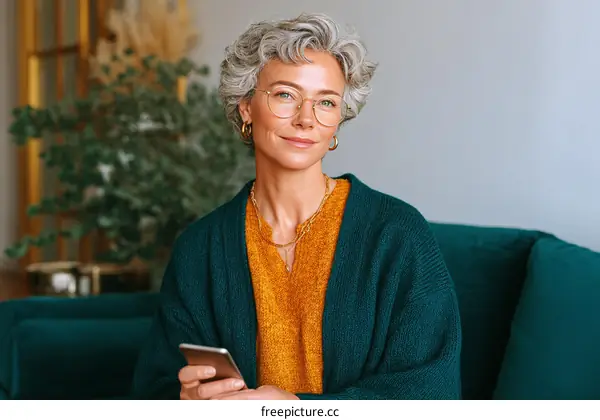 Middle-aged Caucasian woman holding a smartphone