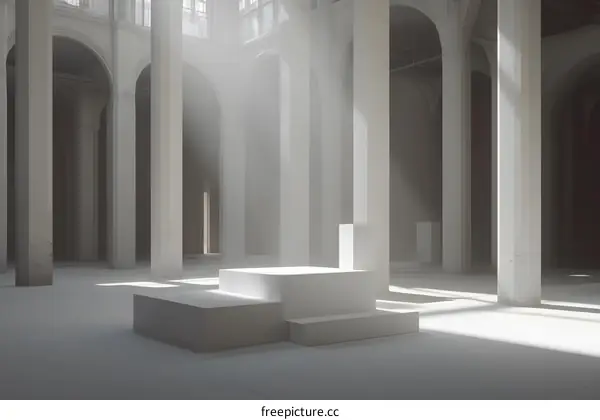 White Architectural Interior with Pillars and Light Beams