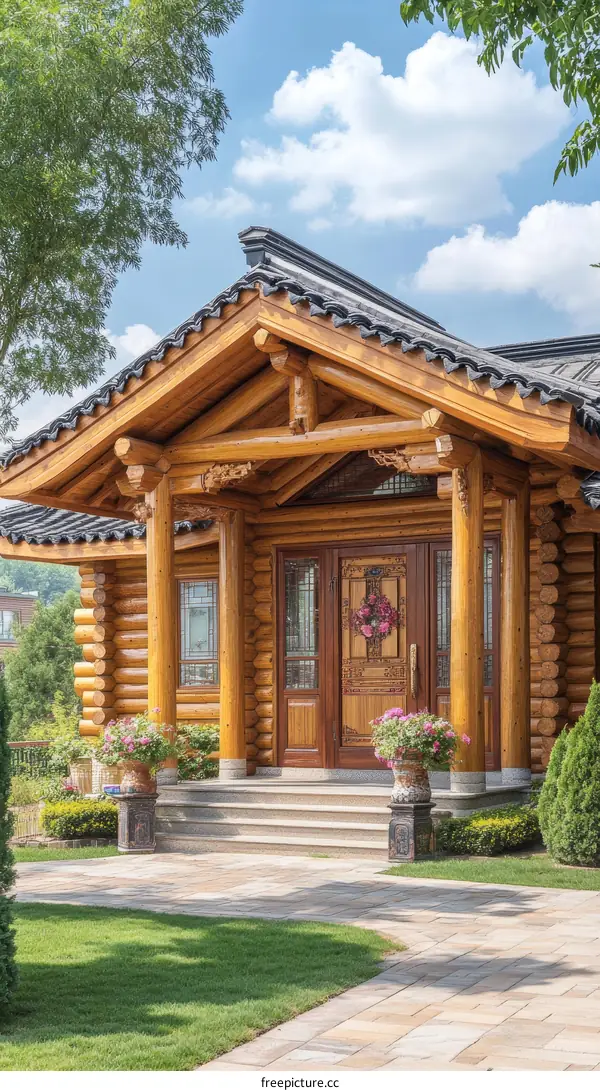 Traditional Chinese Wooden House Entrance with Landscaping