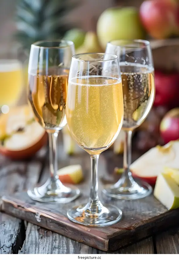 Three Glasses of Sparkling Cider with Apples and Pears